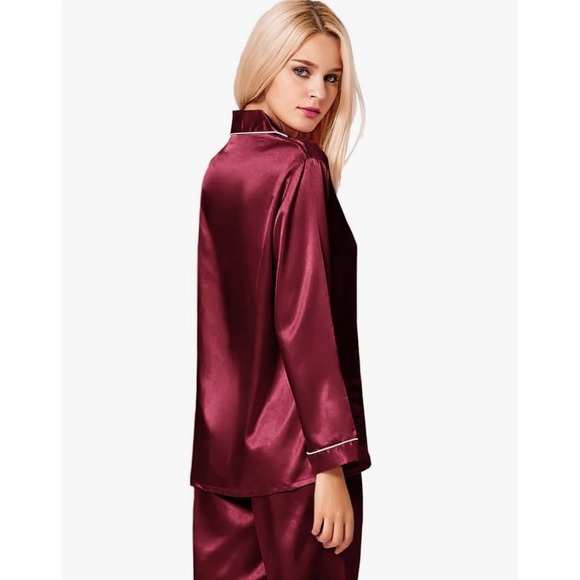 NEW Womens 2XL Burgundy Satin Pajama Set Long Sleeve Button Down - Picture 5 of 7